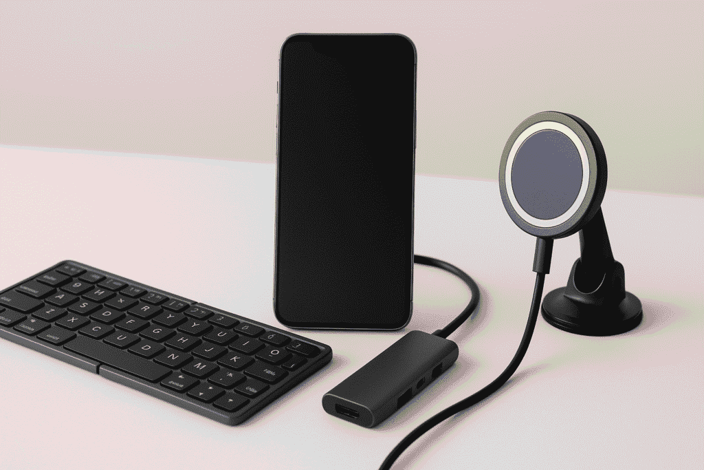 Accessoires smartphone pour la productivité : clavier pliable Bluetooth, hub USB-C et support voiture MagSafe pour travailler et voyager.