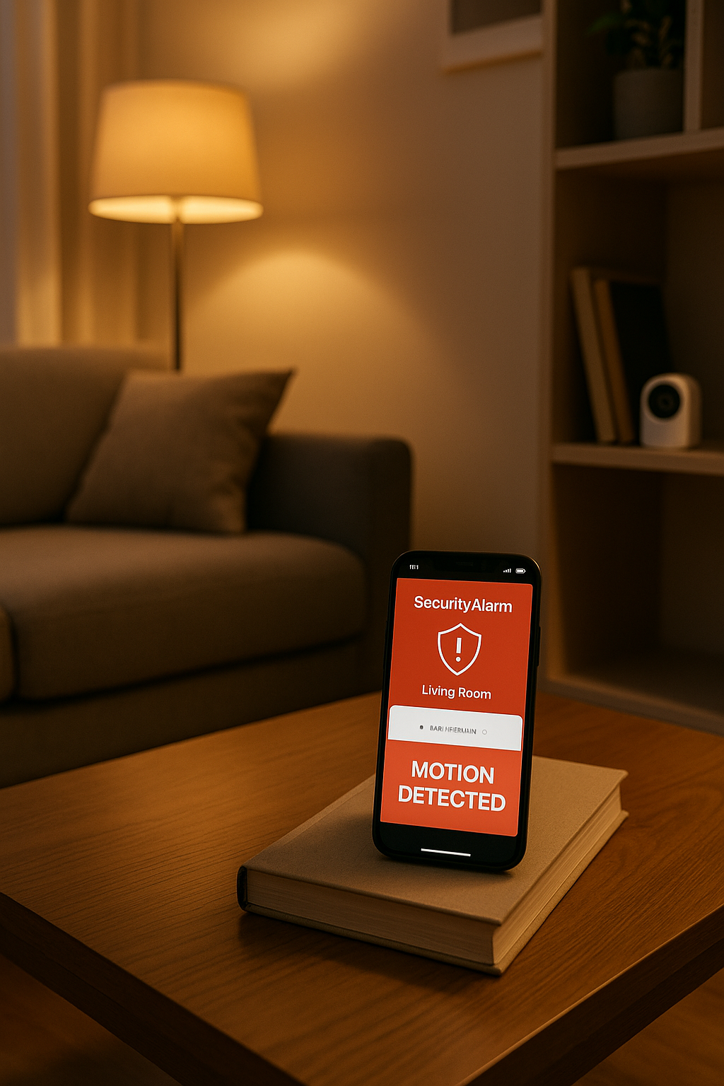 Salon moderne avec alarme intelligente et smartphone affichant une alerte de sécurité en temps réel