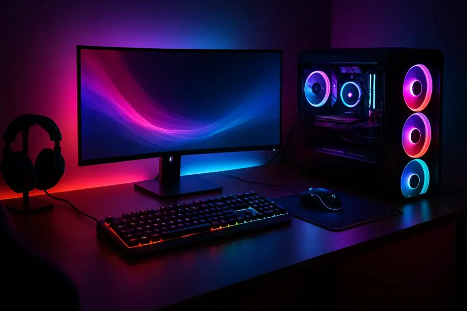 Bureau gaming moderne avec accessoires essentiels