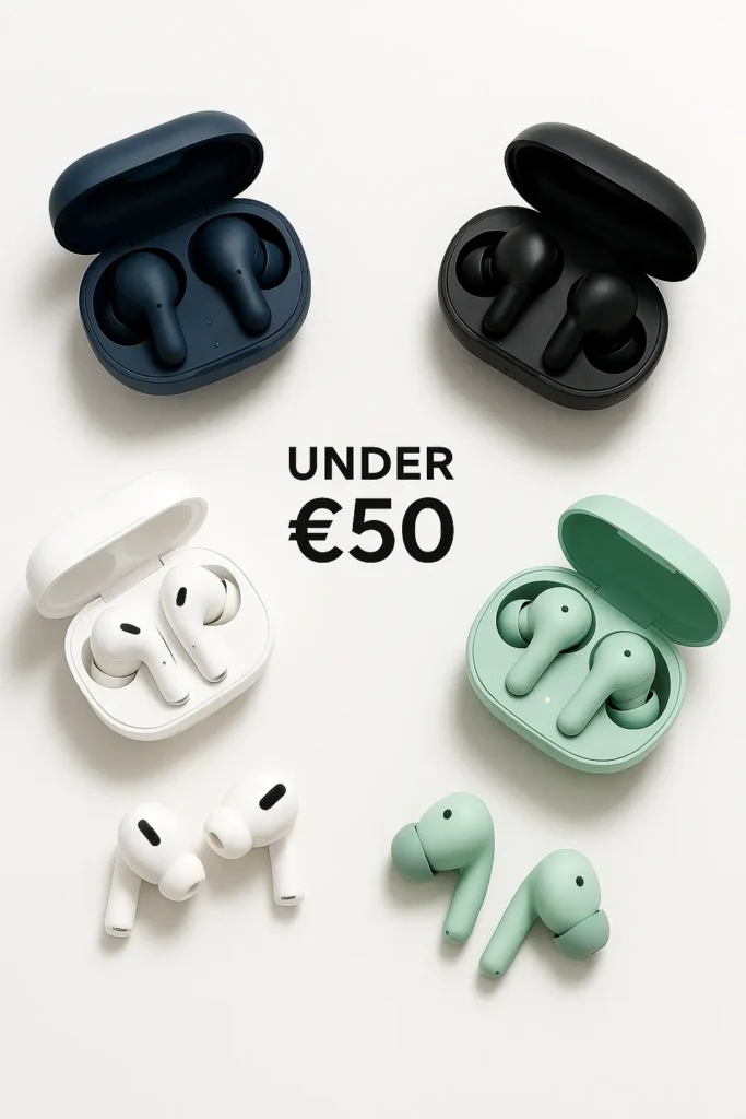 écouteurs Bluetooth abordables à moins de 50 euros, présentés en flat lay moderne sur fond blanc, avec différents designs et couleurs.