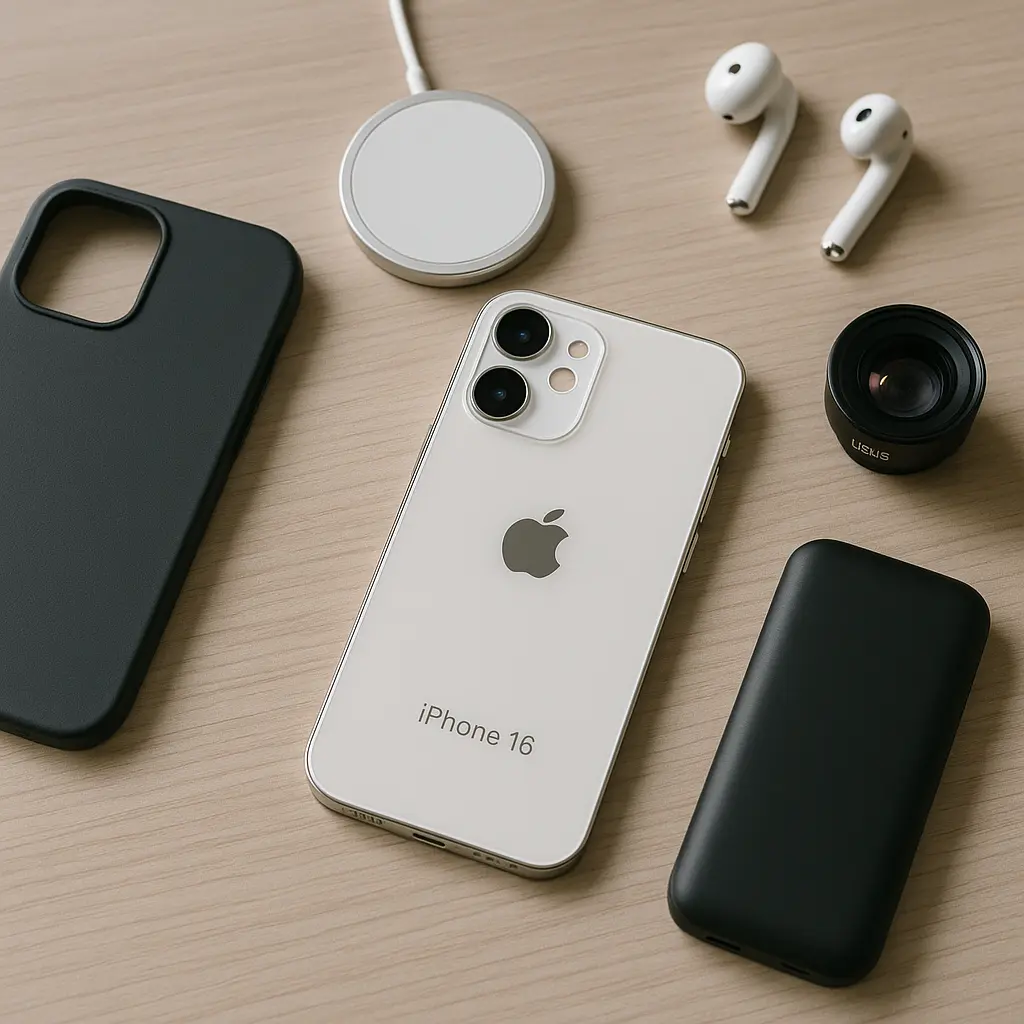 Accessoires iPhone 16 disposés autour du smartphone sur fond neutre