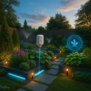 Jardin connecté avec arrosage intelligent, capteurs et éclairage LED transformant l’espace vert en oasis intelligente.