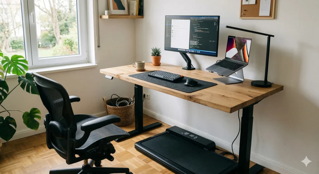 "Aménagement d'un bureau moderne ergonomique équipé d'un bureau tapis de marche ultra-fin sous un bureau assis-debout