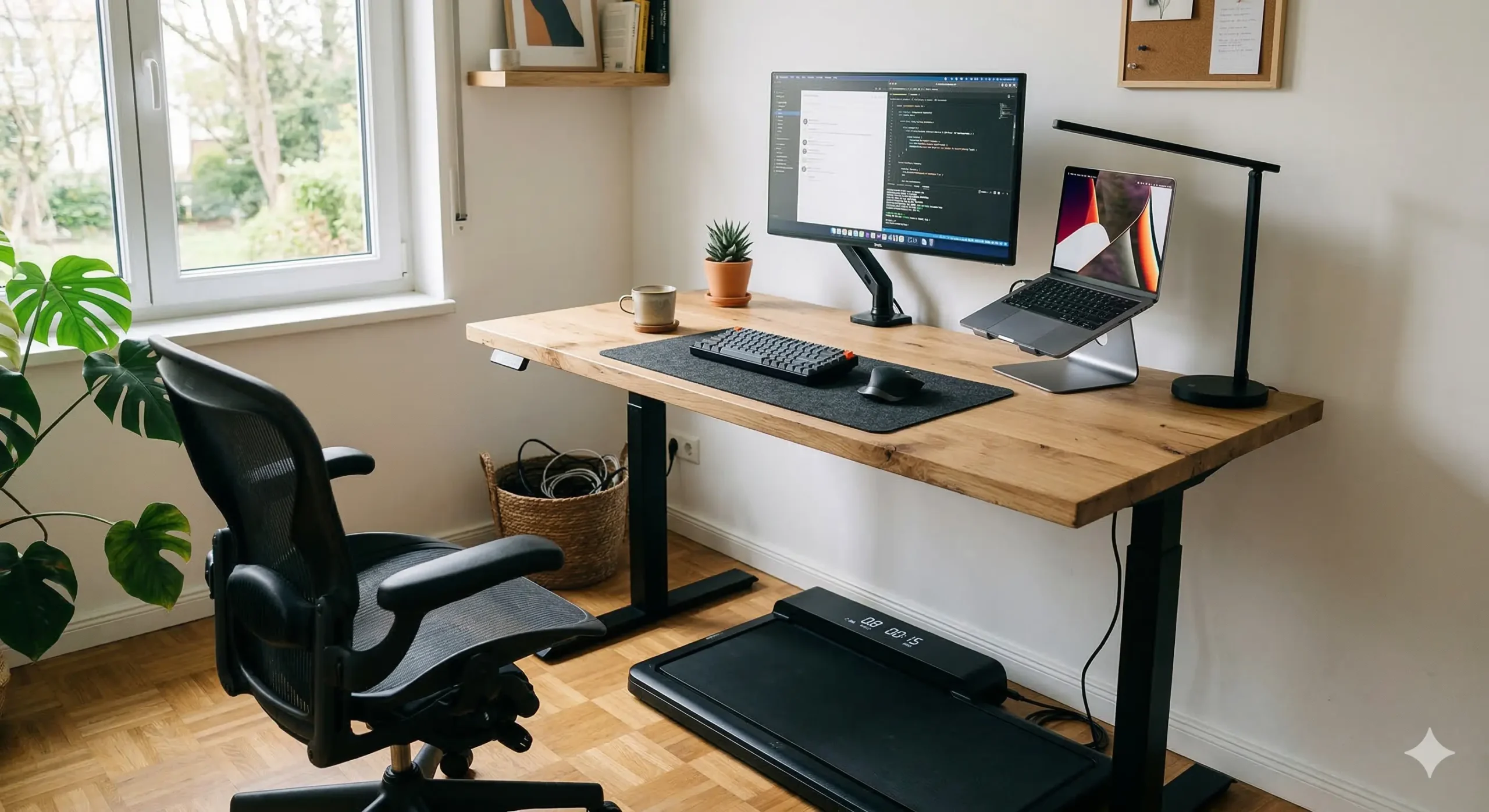 "Aménagement d'un bureau moderne ergonomique équipé d'un bureau tapis de marche ultra-fin sous un bureau assis-debout