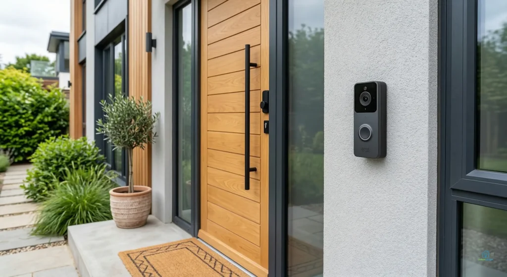 Sonnette connectée sans abonnement installée près d’une porte d’entrée moderne.